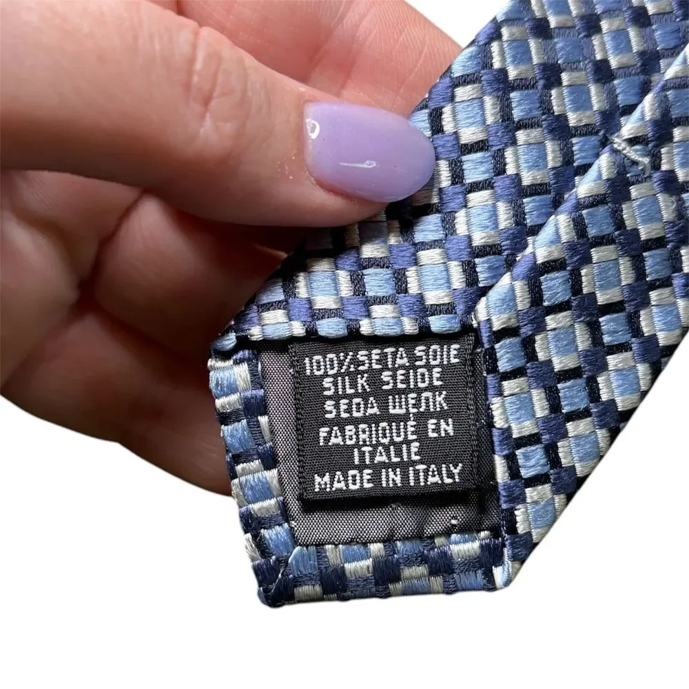 Gianfranco Ferre Silk Tie Blue Silver Geometric Square Pattern Made in Italy